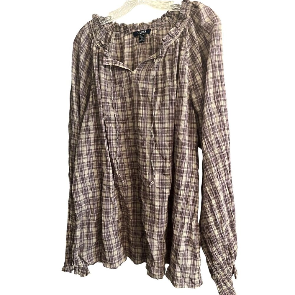 CHAPS Womens XXL Plaid Peasant Style Blouse Cotton Long Sleeve